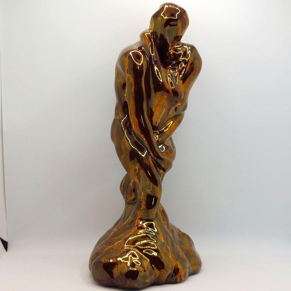 Vintage Ceramic Hand painted Lovers Kissing Statue Figure's Signed HS 13"H x 6"W